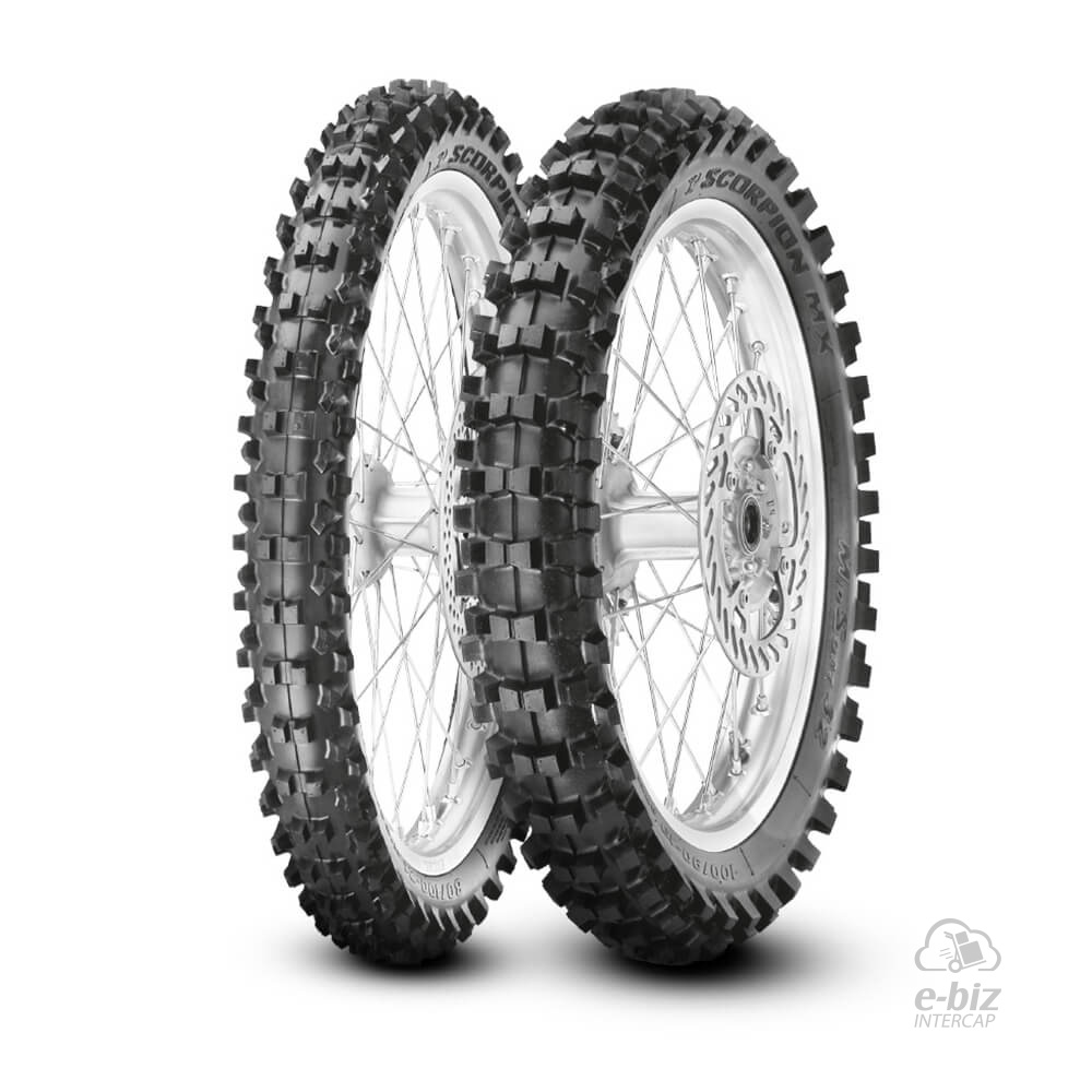 [Pirelli] Jgo de Cubiertas Scorpion MX Extra (80/100R21) (110/90R19) Midsoft Honda CR 250 95-03, CRF 450 14-24 || Husqvarna FC 450 14-24 || KTM SX 250-525 98-06, SX-F 250-350-450 11-24 || Kawasaki KX 250 94-99… (+2 marcas · 6 modelos)