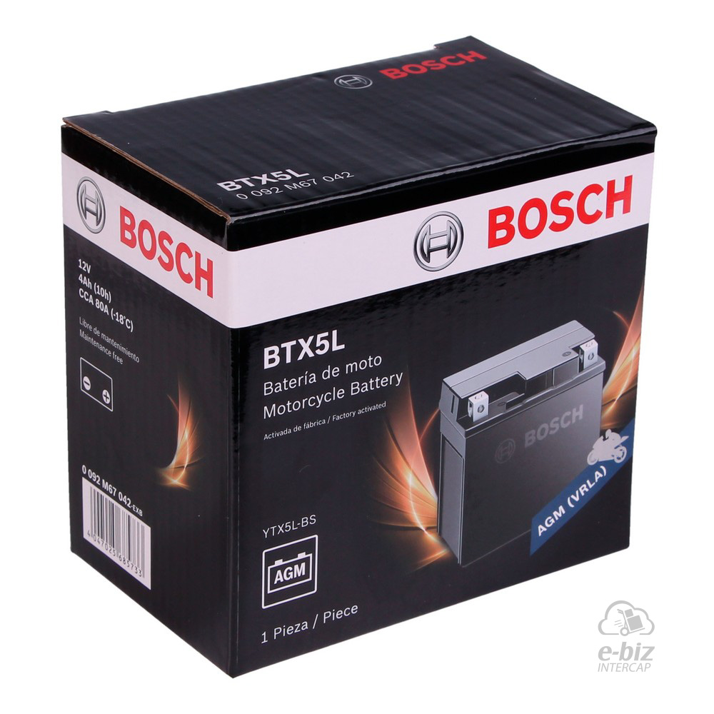 [Bosch] Batería BTX5L Honda CG 150 04-24, CG Titan NEW 150 14-19, Elite 125 07-20, XR L 125-150 11-24 || KTM EXC-F 250 16-24 || Yamaha TT 230 05-24… (1 modelo)