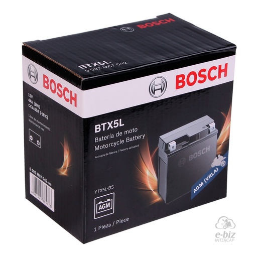 [Bosch] Batería BTX5L Honda CG 150 04-24, CG Titan NEW 150 14-19, Elite 125 07-20, XR L 125-150 11-24 || KTM EXC-F 250 16-24 || Yamaha TT 230 05-24… (1 modelo)