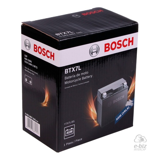 [Bosch] Batería BTX7L Honda CBX Twister 250 04-19, XR L 190 18-24, XR Tornado 250 01-24 || Kawasaki KX 250 1994 || Yamaha New Crypton 110 12-24, XTZ 250 09-24… (2 modelos)