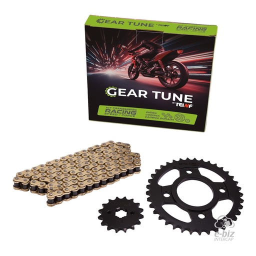 [REINF] Kit de transmisión Gear Tune C45 Corona Piñon Cadena Reforzada Golden 37 16-428H 118L RX 150 Cerro CE Hunter VC